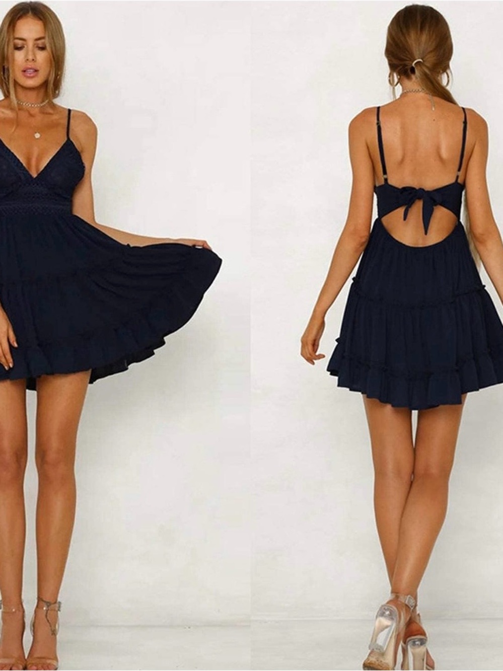 Navy Lace Trim Spaghetti Strap Sundress